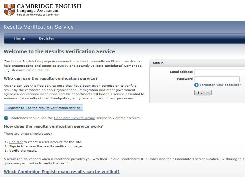 Cambridge English Results Service for Candidates